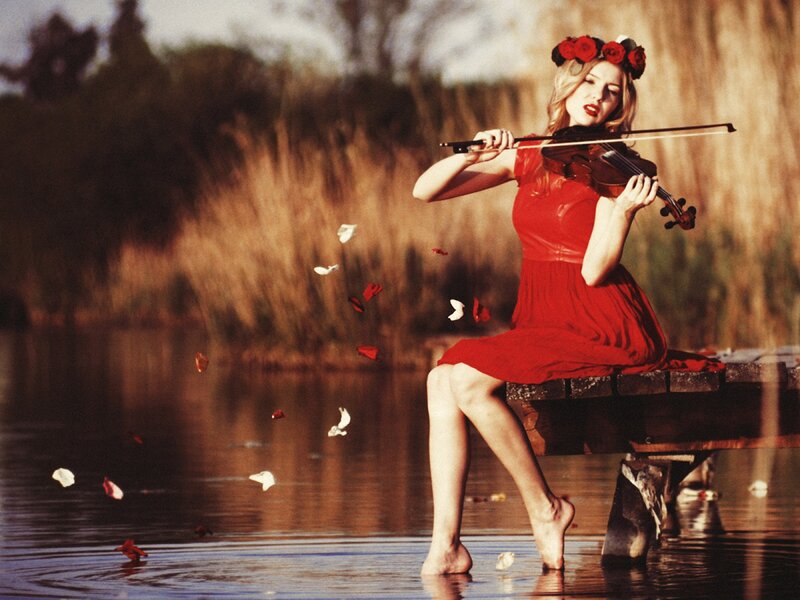 Woman Playing Violin — Red, Dramatic, Sunset, Photograph, Flower Crown