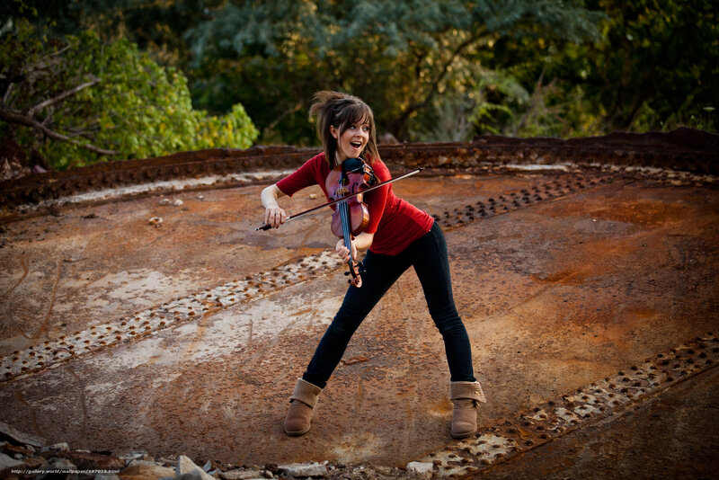 Woman Playing Violin — Red, Dramatic, Sunset, Photograph, Rusty Metal