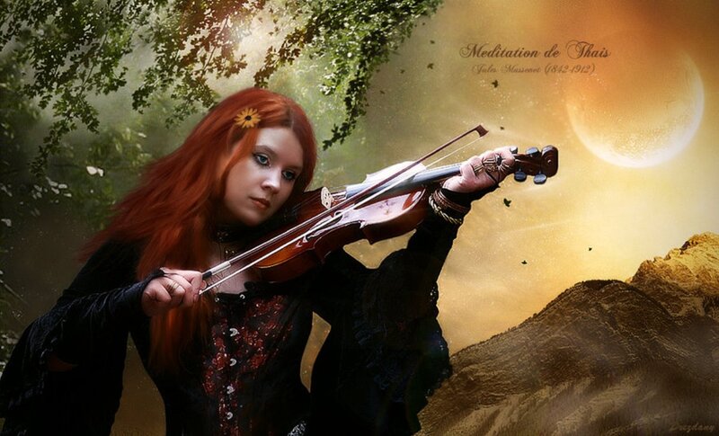 Woman Playing Violin — Red, Dramatic, Sunset