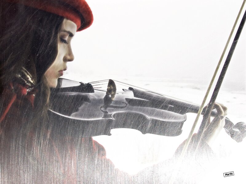 Woman Playing Violin — Red, Dramatic, Winter, Digital Art, Beret