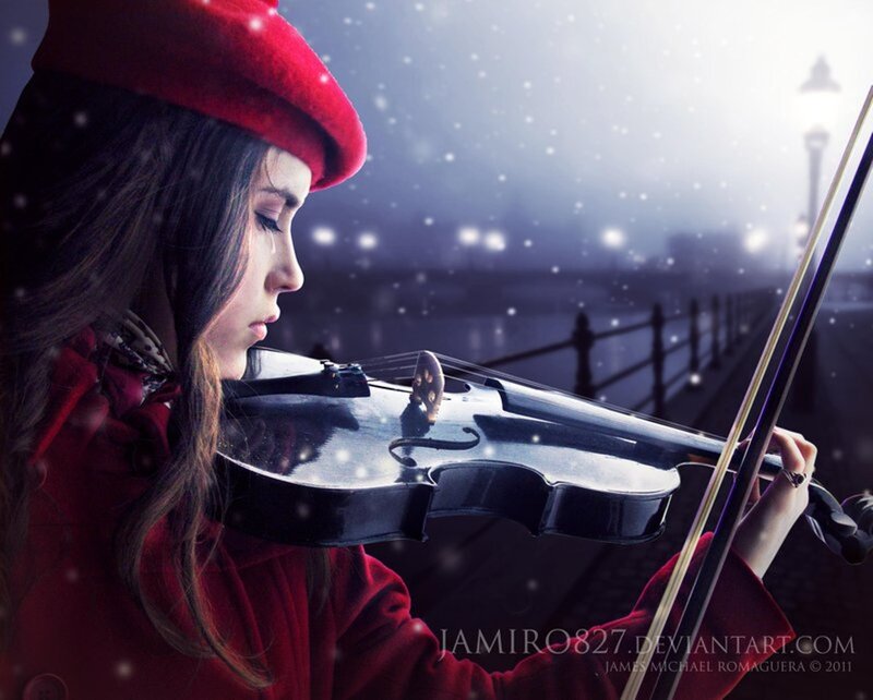 Woman Playing Violin — Red, Dramatic, Winter, Digital Art