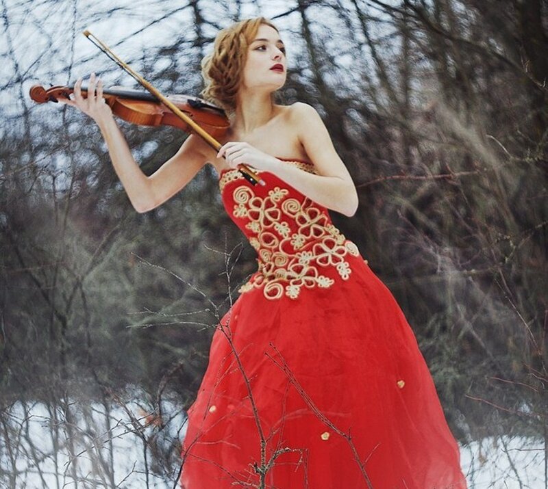 Woman Playing Violin — Red, Dramatic, Winter, Photograph