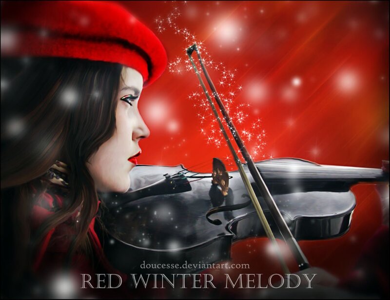 Woman Playing Violin — Red, Dramatic, Winter