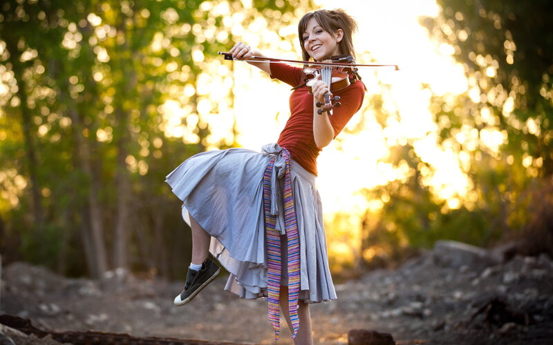 Woman Playing Violin — Red, Joyful