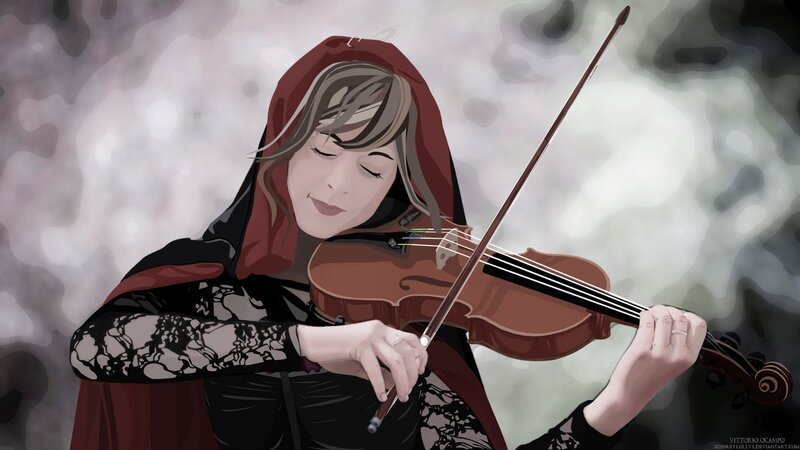Woman Playing Violin — Red, Serene, Digital Art