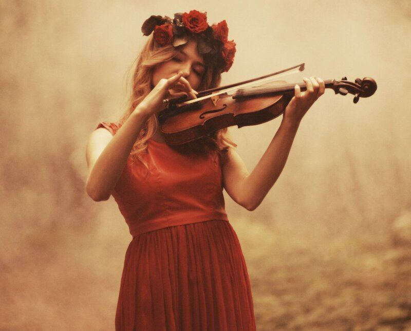 Woman Playing Violin — Red, Serene, Photograph, Flower Crown