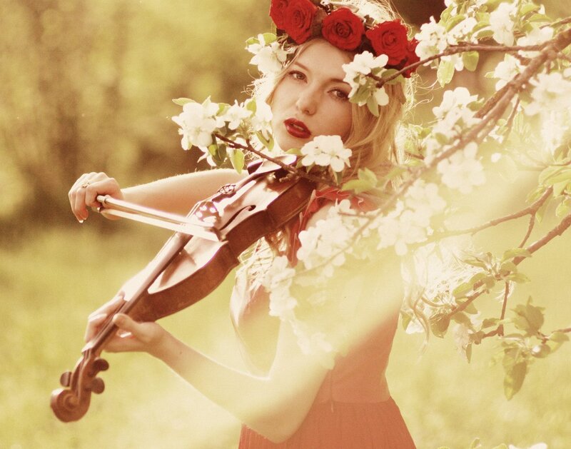 Woman Playing Violin — Red, Serene, Spring, Photograph