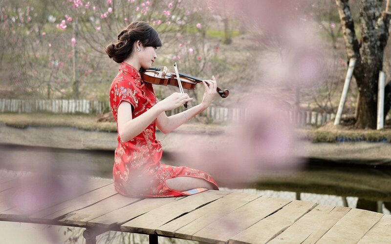 Woman Playing Violin — Red, Serene, Spring