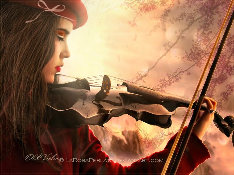 Woman Playing Violin — Red, Serene, Sunset