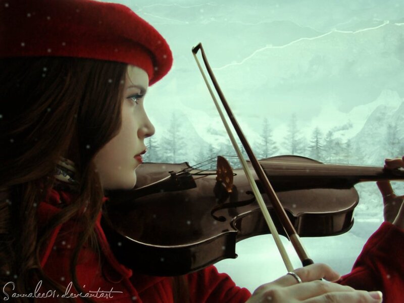 Woman Playing Violin — Red, Serene, Winter, Digital Art