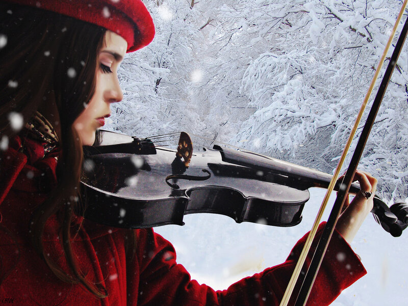 Woman Playing Violin — Red, Serene, Winter