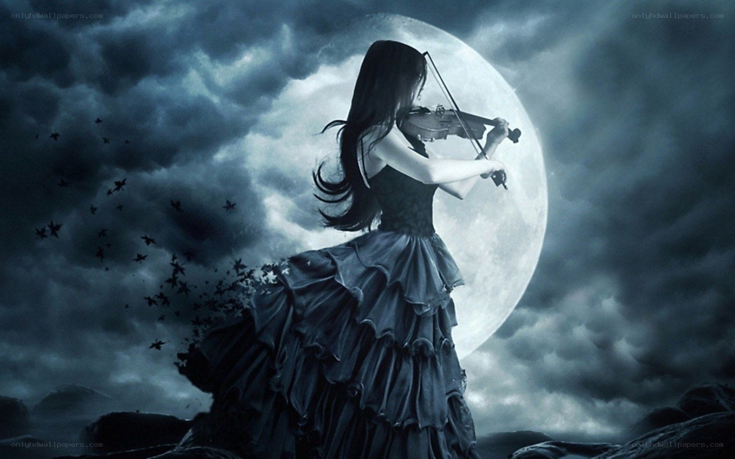 woman playing violin under moon