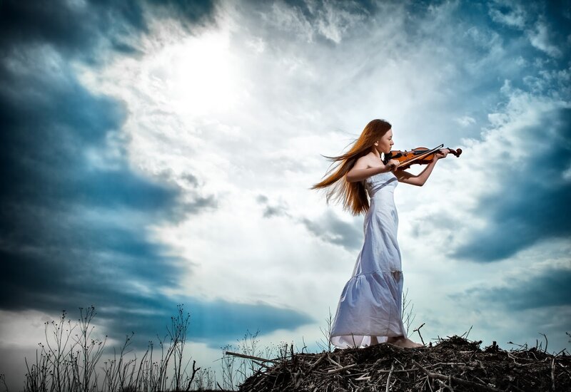 Woman Playing Violin — White, Dramatic, Afternoon, Photograph, Clouds