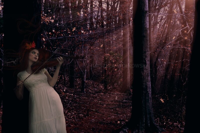 Woman Playing Violin — White, Dramatic, Autumn, Digital Art