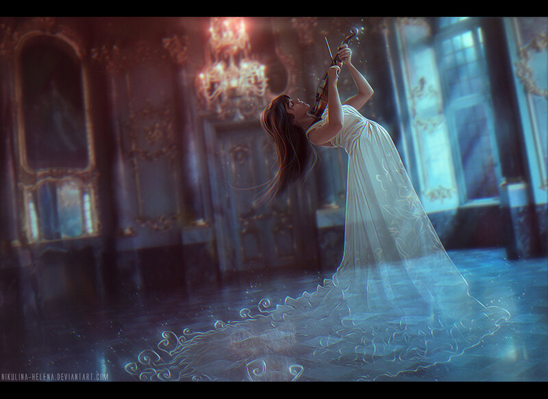 Woman Playing Violin — White, Dramatic, Digital Art, Chandelier