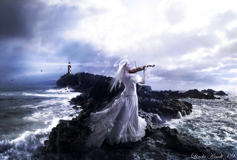 Woman Playing Violin — White, Dramatic, Digital Art, Lighthouse