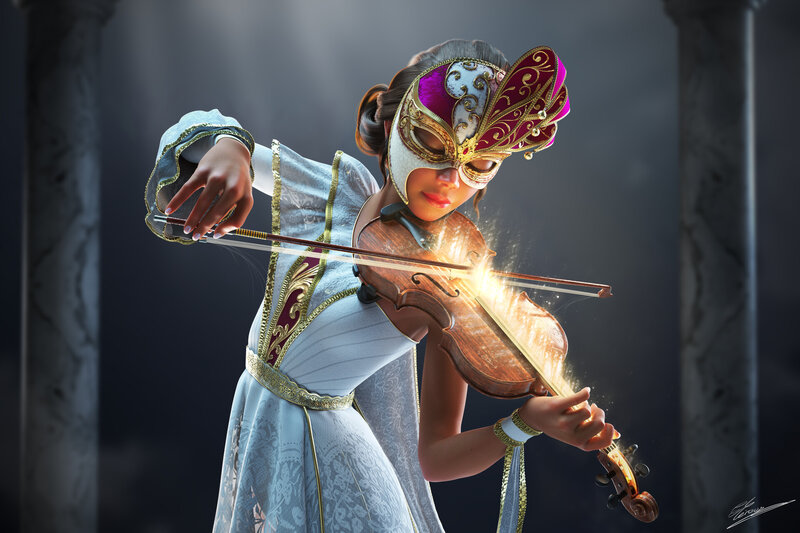 Woman Playing Violin — White, Dramatic, Digital Art, Mask