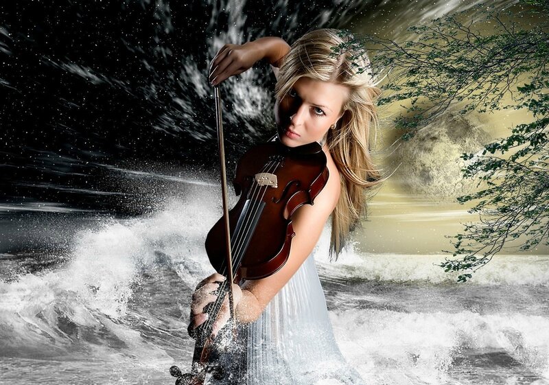 Woman Playing Violin — White, Dramatic, Digital Art, Waves