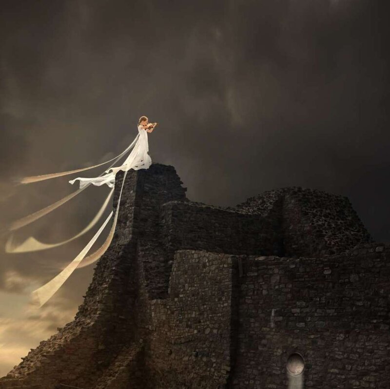 Woman Playing Violin — White, Dramatic, Night, Digital Art, Castle