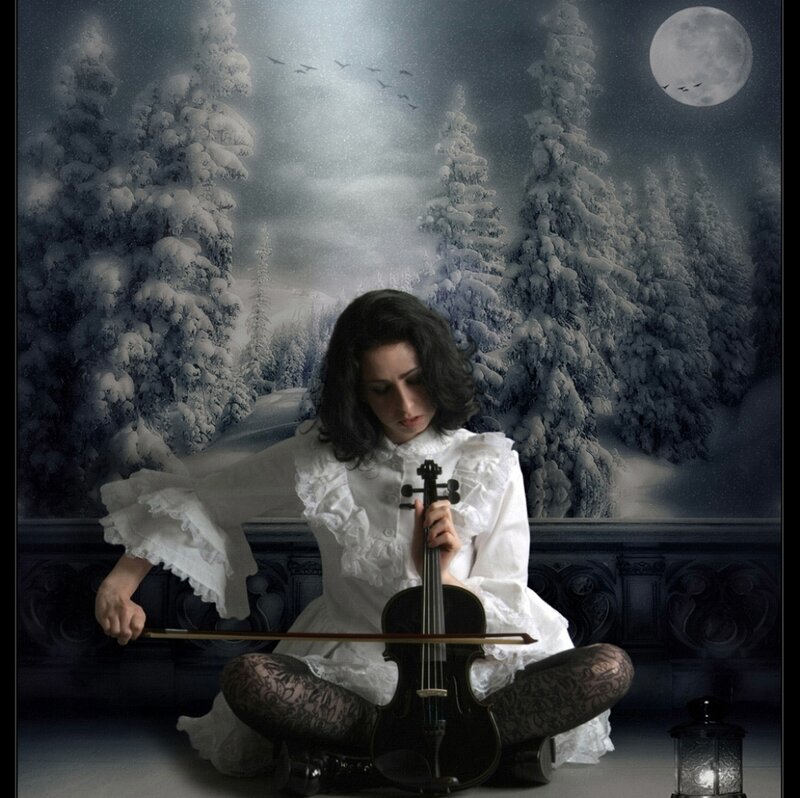Woman Playing Violin — White, Dramatic, Night, Digital Art, Moon