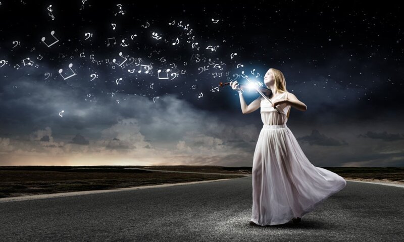 Woman Playing Violin — White, Dramatic, Night, Digital Art, Music Notes