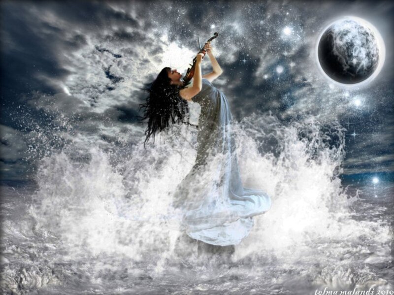 Woman Playing Violin — White, Dramatic, Night, Digital Art, Planet