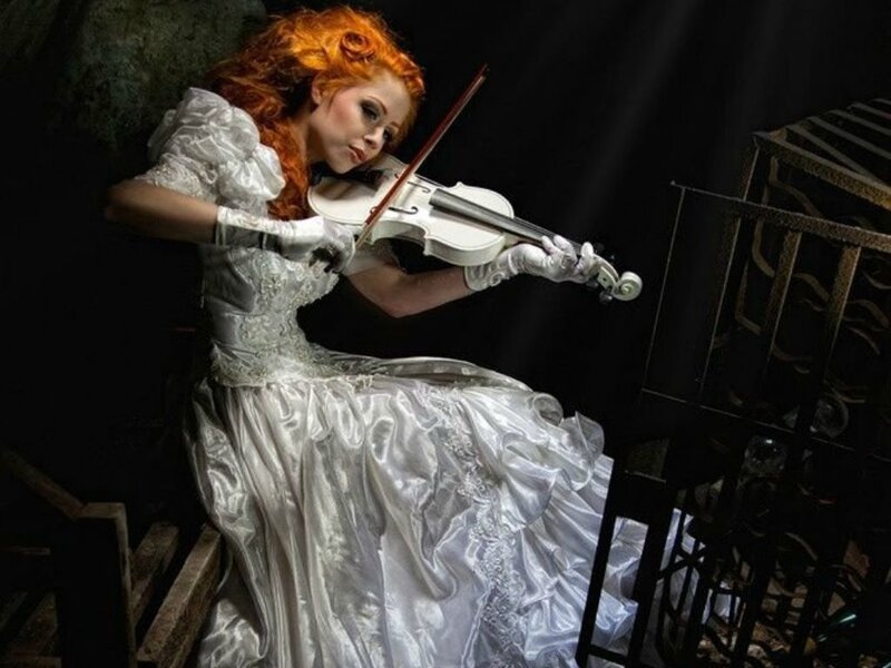 Woman Playing Violin — White, Dramatic, Night, Photograph, Dress
