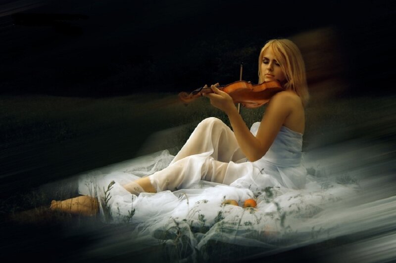 Woman Playing Violin — White, Dramatic, Night, Photograph