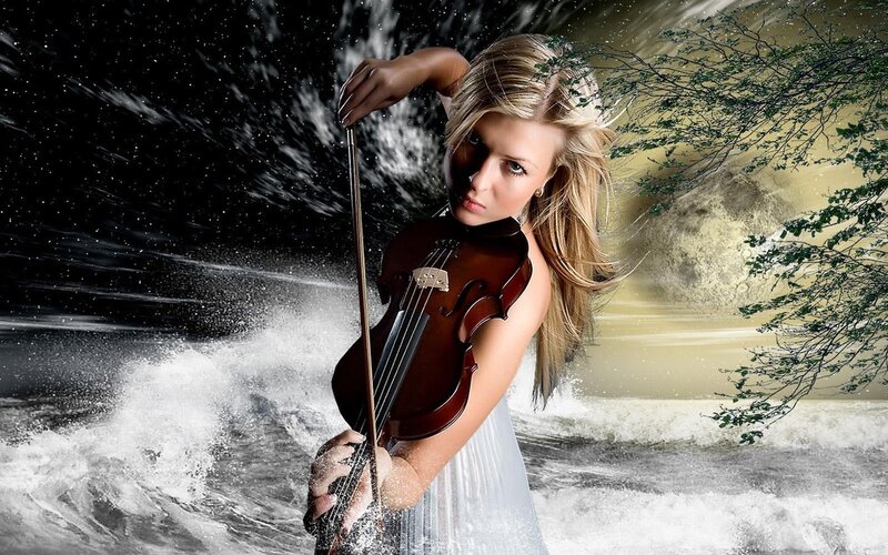 Woman Playing Violin — White, Dramatic, Night