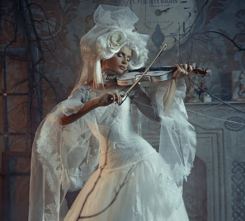 Woman Playing Violin — White, Dramatic, Photograph, Clock