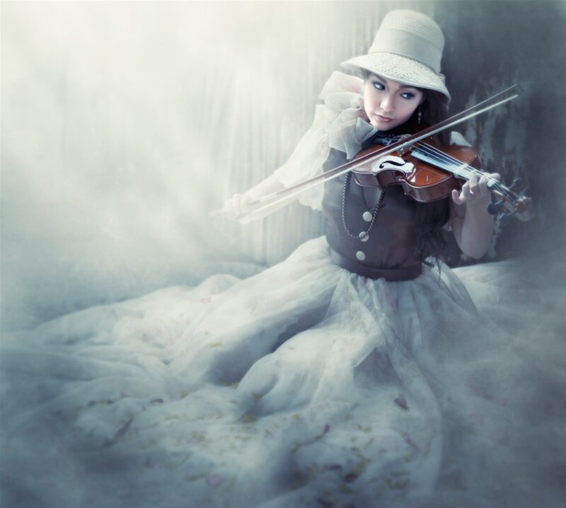 Woman Playing Violin — White, Dramatic, Photograph, Hat