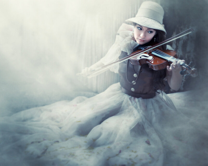 Woman Playing Violin — White, Dramatic, Photograph
