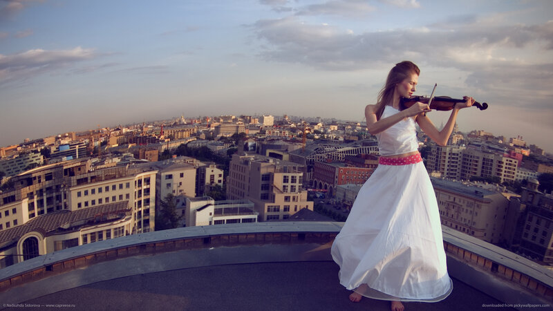 Woman Playing Violin — White, Dramatic, Sunset