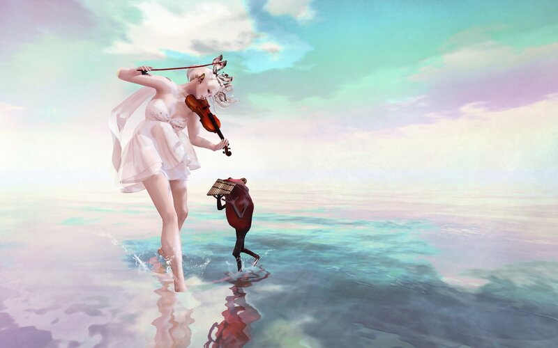 Woman Playing Violin — White, Dreamy, Digital Art