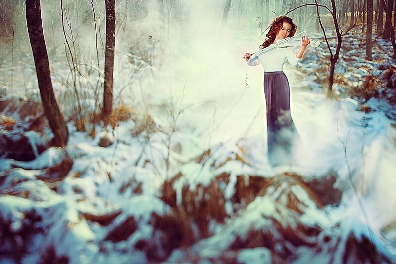 Woman Playing Violin — White, Ethereal, Winter