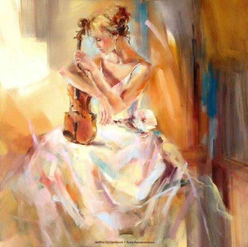 Woman Playing Violin — White, Serene, Afternoon, Painting