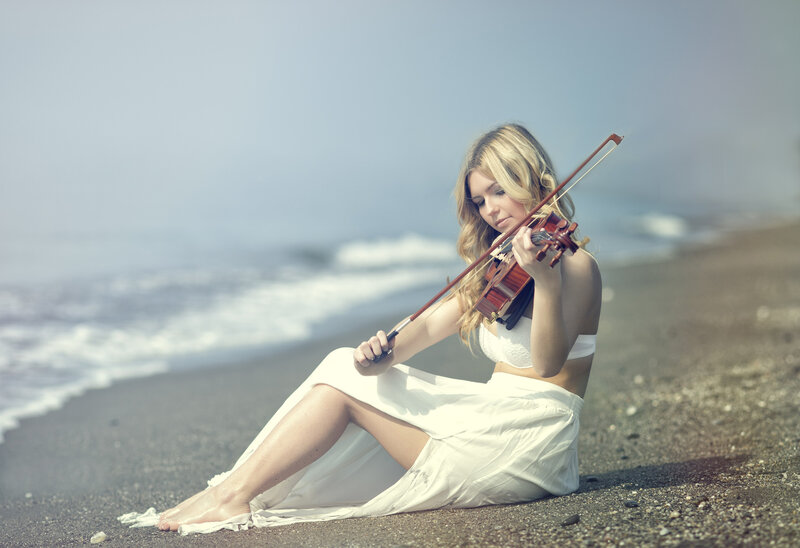 Woman Playing Violin — White, Serene, Afternoon, Photograph, Beach