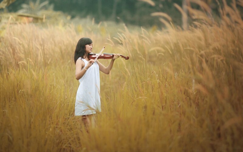 Woman Playing Violin — White, Serene, Afternoon, Photograph, Grass Field