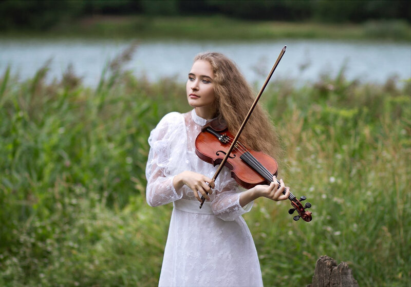Woman Playing Violin — White, Serene, Afternoon, Photograph, Lake