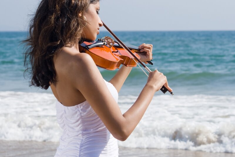 Woman Playing Violin — White, Serene, Afternoon, Photograph, Ocean, Beach