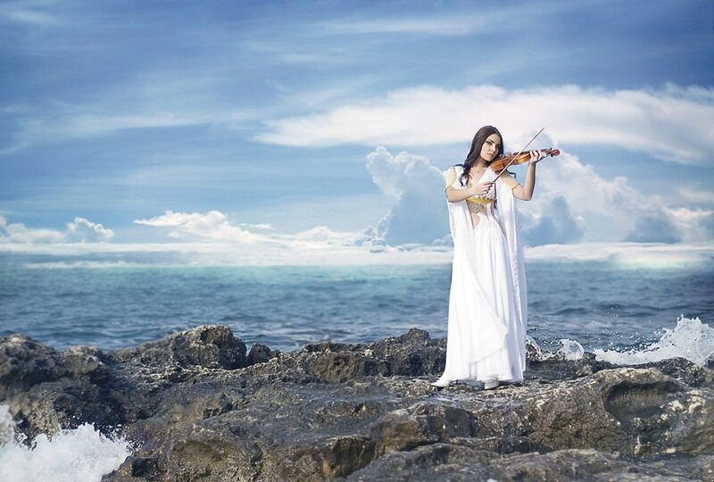 Woman Playing Violin — White, Serene, Afternoon, Photograph, Ocean
