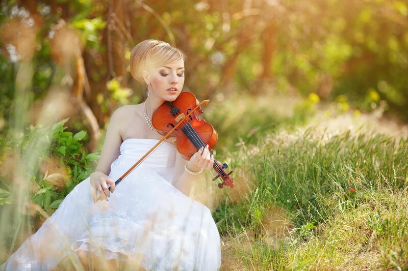 Woman Playing Violin — White, Serene, Afternoon, Photograph