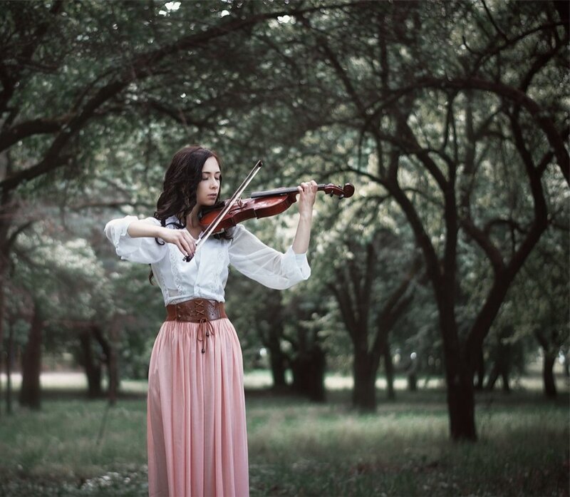 Woman Playing Violin — White, Serene, Afternoon, Photograph, Trees