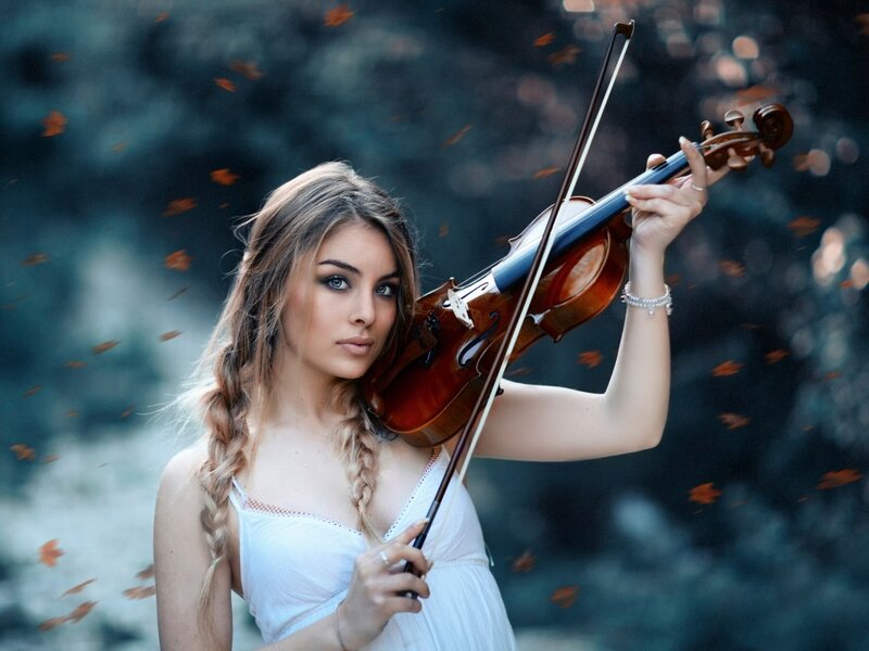 Woman Playing Violin — White, Serene, Autumn, Photograph