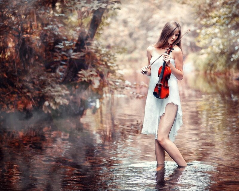 Woman Playing Violin — White, Serene, Autumn