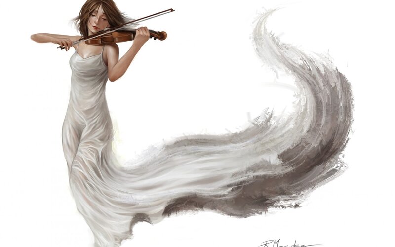 Woman Playing Violin — White, Serene, Digital Art, Dress