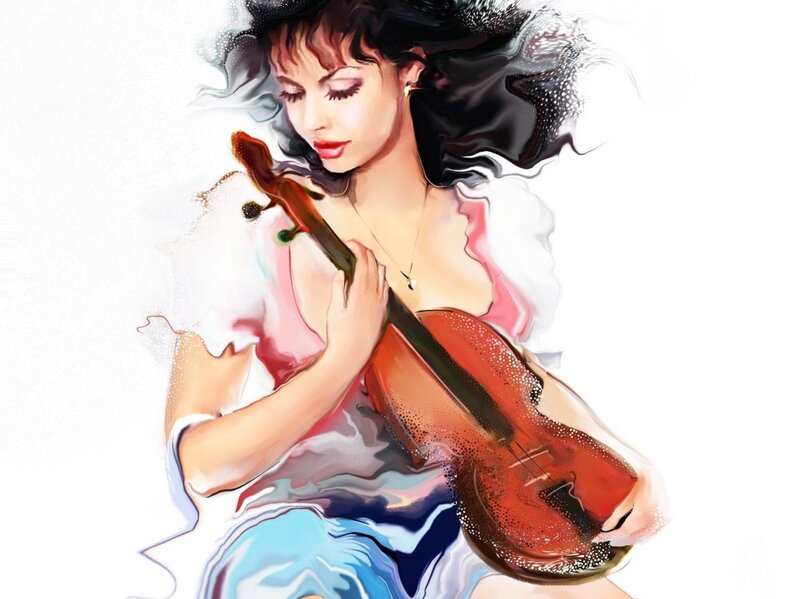 Woman Playing Violin — White, Serene, Digital Art, Hair