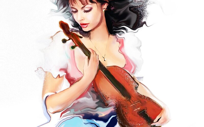 Woman Playing Violin — White, Serene, Digital Art