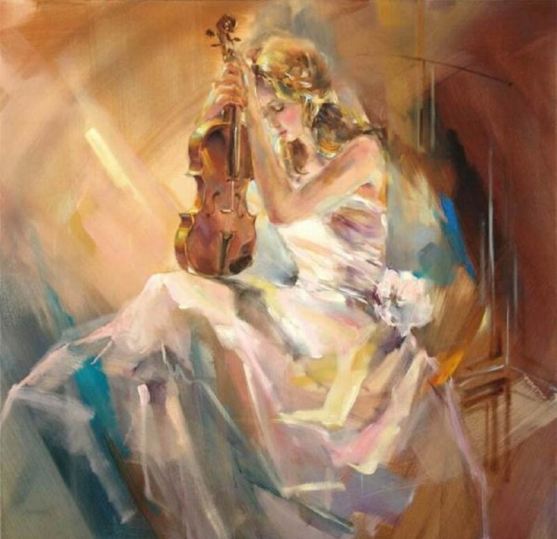 Woman Playing Violin — White, Serene, Painting, Dress