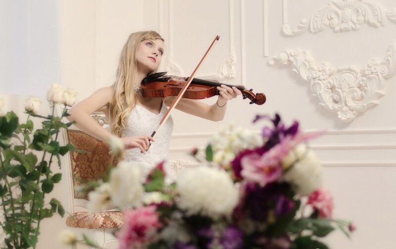 Woman Playing Violin — White, Serene, Photograph, Flowers